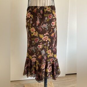 Reversible Brown Floral & Snake print Ruffle-Hem Midi Skirt, Large